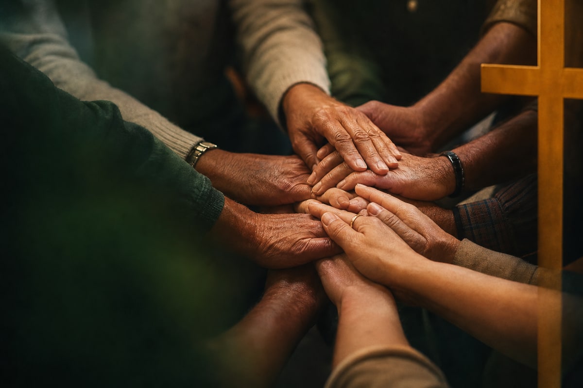 Hands joined together in unity beside a cross.
